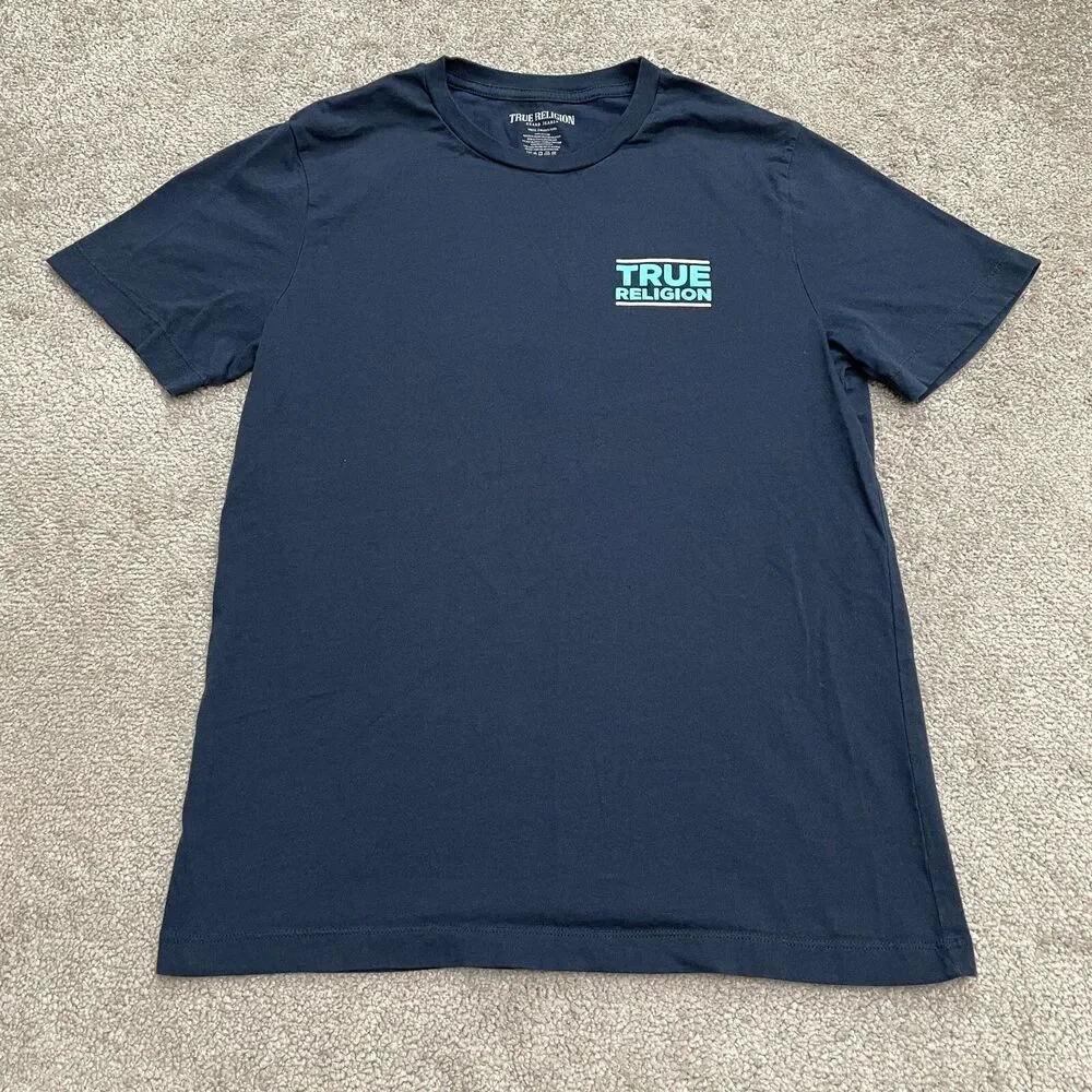 True Religion Graphic T-Shirt Mens Small Blue Cotton Short Sleeve Crew Neck Tee